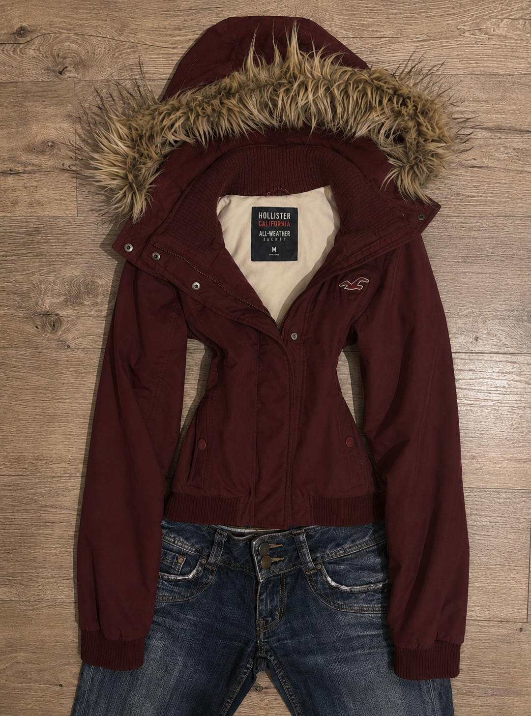 Hollister Burgundy Faux Fur Hood Jacket – Size S
