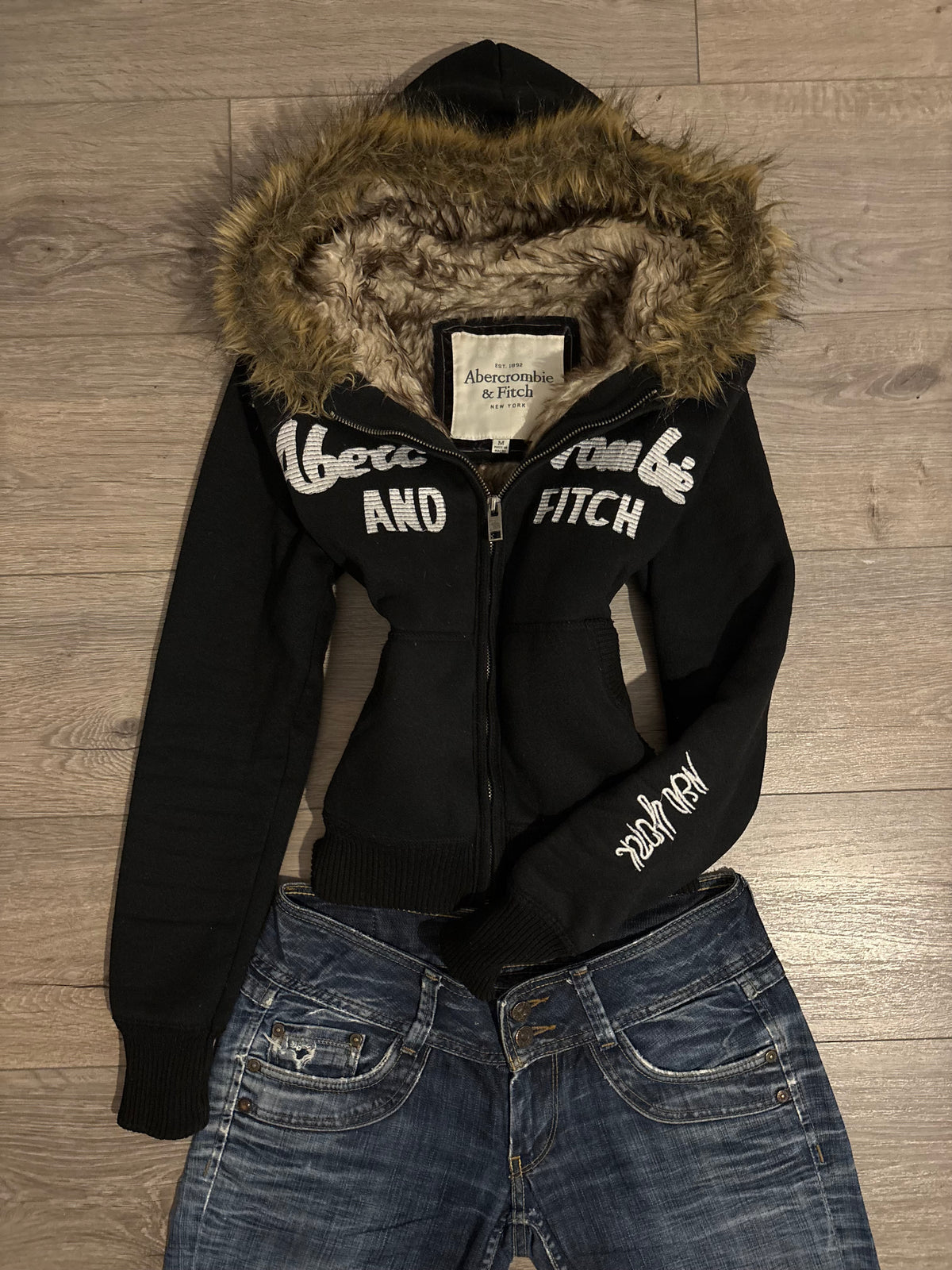 Vintage Abercrombie & Fitch Black Faux Fur Hood Zip Up – Size XS