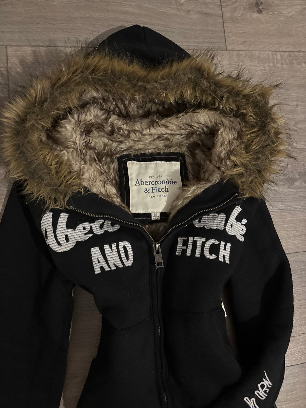 Vintage Abercrombie & Fitch Black Faux Fur Hood Zip Up – Size XS
