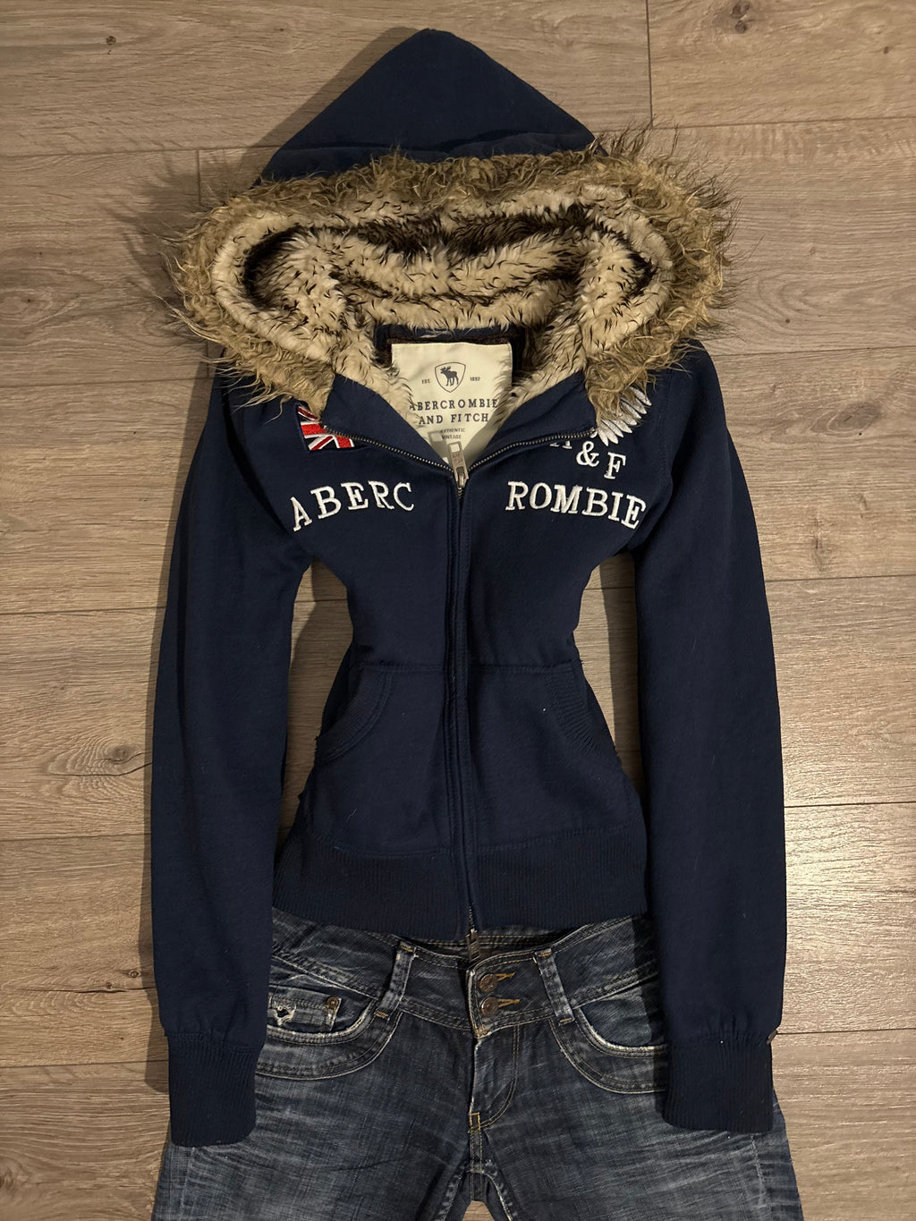 Vintage Abercrombie & Fitch Navy Faux Fur Hood Zip Up – Size S