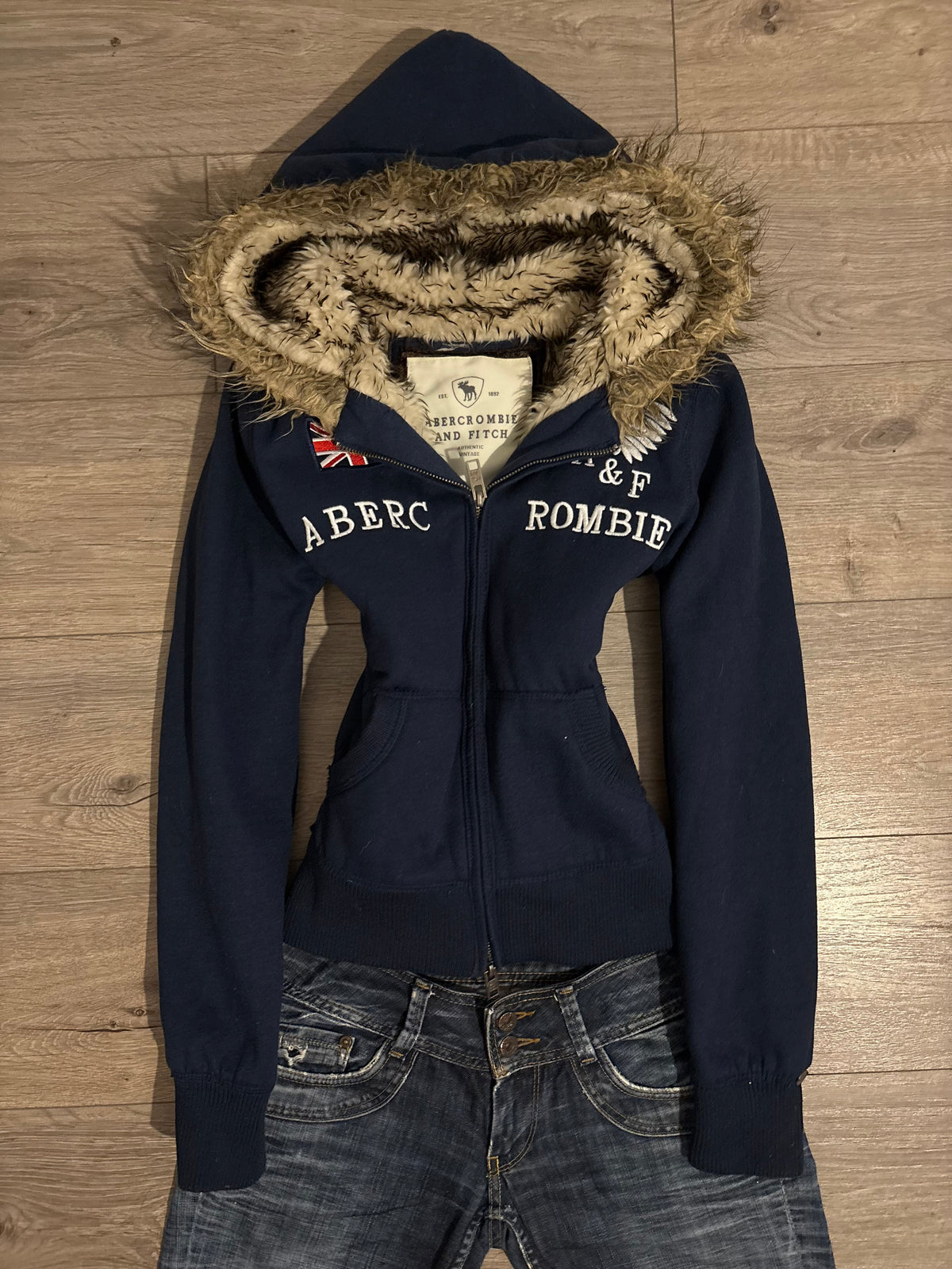 Vintage Abercrombie & Fitch Navy Faux Fur Hood Zip Up – Size S