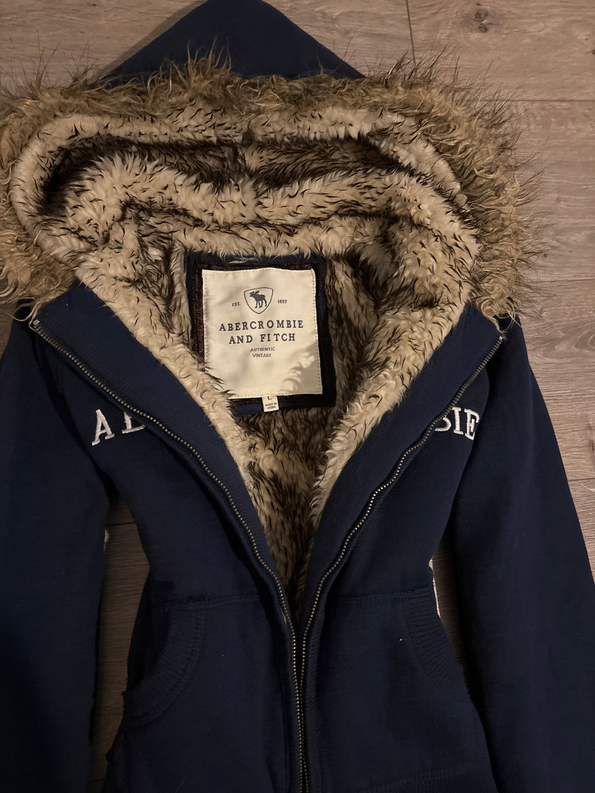 Vintage Abercrombie & Fitch Navy Faux Fur Hood Zip Up – Size S